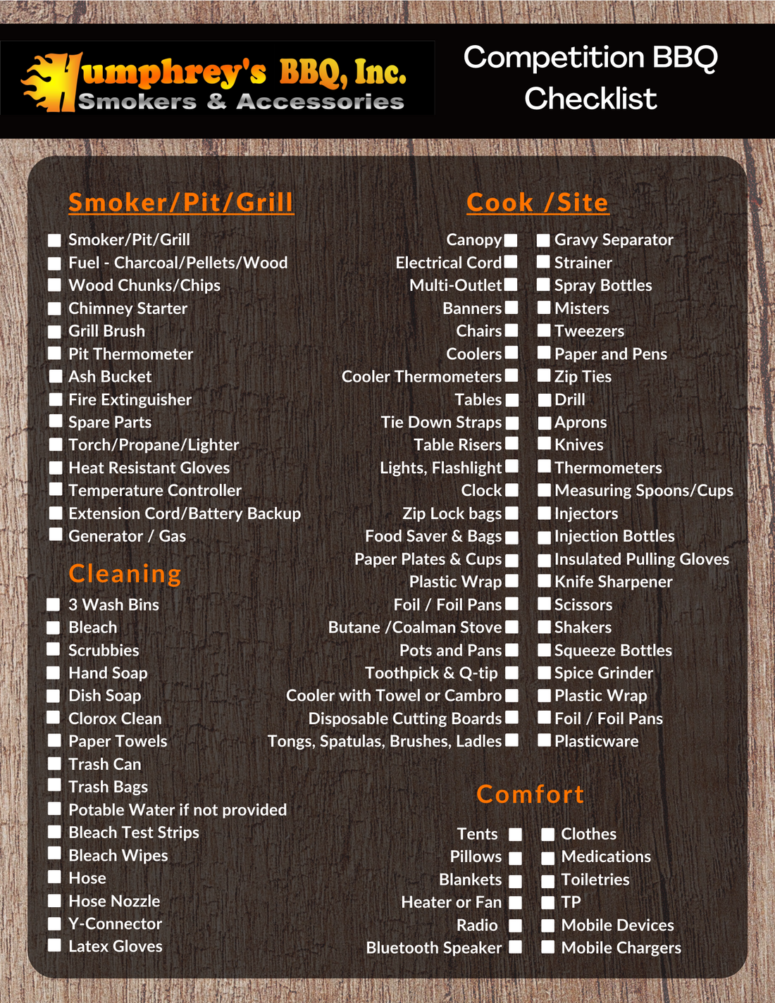 Competition BBQ Packing Check List